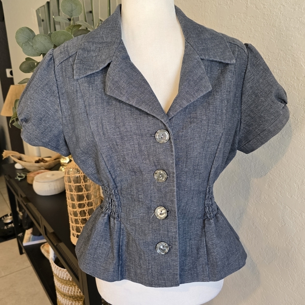 Courtenay Denim Blue Button-Up Vintage Puff Sleeve Blouse 12